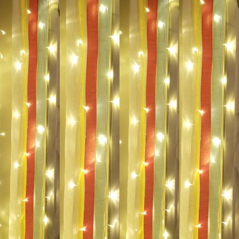 Crepe paper strings + curtain lights String Curtains, Light Backdrop, Curtain Lights, Crepe Paper, Curtains, Lighting