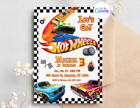 Hot Car Wheel Invitation, Race Cars Birthday Invitation, Digital Hot Wheels Birthday Invite, Hot Wheels Invitation Template - Etsy Muscle Car Birthday Party, Hot Wheels Birthday Invitations, Race Cars Birthday, Hot Wheels Invitations, Hotwheels Birthday Party, Cars Birthday Invitations, Hot Wheels Party, Hot Wheels Birthday, 2nd Birthday Invitations