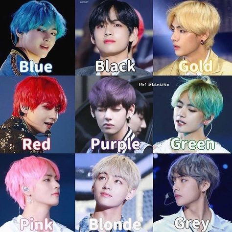 BTS V  김태형🐯 on Instagram: “what is your favorit tae hair color? 😍 #taehyung #bts #jimin #jungkook #jhope #jin #suga #bangtanboys #rm #v #bangtan #bangtansonyeondan…” V Hair Bts, Bts Hair Colors, Bts Hairstyle, Types Of Hair Color, Jimin Mochi, V Hair, Army Family, Kpop Hair, Different Hair Colors