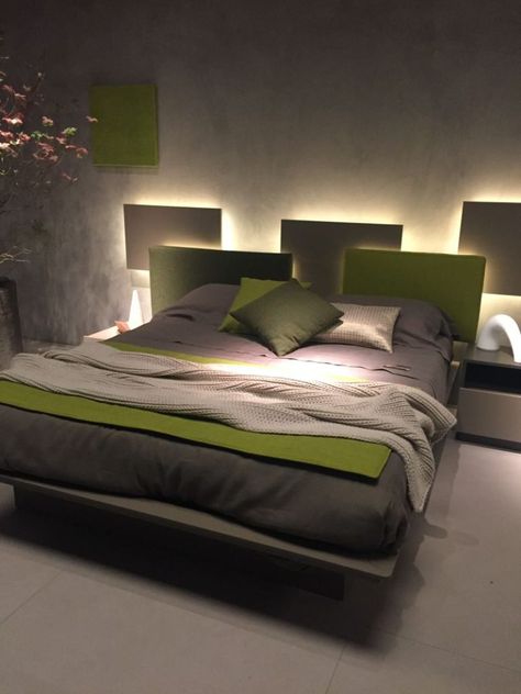 Bedroom headboard with LED strip lights behind Bedroom Lighting Design, Diy Home Decor For Apartments, Led Lighting Bedroom, Headboard With Lights, Diy Headboard, Gray Bedroom, Bedroom Headboard, Bedroom Lamps, Awesome Bedrooms