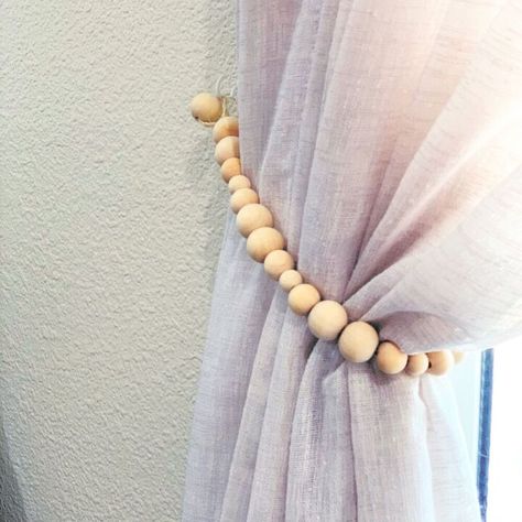 Diy Curtain Tie Backs, Wooden Beads Curtain, Beads Curtain, Faux Marble Countertop, Vintage China Cabinets, Rope Curtain, Bead Curtain, Porch Posts, No Sew Curtains