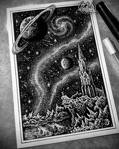 Space Pen Art, Scenes And Spaces, Space Pen Drawing, Space Drawing Sketch, Space Gcse Art, Space Ink Drawing, Space Drawing Galaxies Pencil, Sketches Space, Space Drawing Ideas