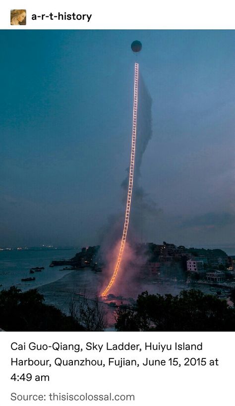 "In the early morning hours of June 15, a huge white balloon filled with 6,200 cubic meters of helium ascended into the sky above Quanzhou, China. Attached to it was a 500-meter long ladder coated completely with quick burning fuses + gold fireworks that was then ignited by artist Cai Guo-Qiang." "The piece burned for approxmiately 2 minutes + 30 seconds. He first imagined a ladder of fire as a child and has pursued the idea for 21 years." Sky Ladder, Ladder Art, Cai Guo Qiang, Tech Image, Saatchi Gallery, Fireworks Display, Stairway To Heaven, New Journey, Yin Yang