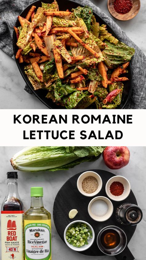 Vibrantly seasoned, crunchy Korean Romaine Salad is a favorite Korean side dish for so many reasons! Easy to assemble, made with pantry ingredients, and incredibly fresh and crispy! Make Sangchu Geotjeori or Korean BBQ Salad in 15 minutes. A mouthwatering, obsessively delicious salad that will make everything else on the table taste better! Korean Bbq Salad, Korean Salad Recipe, Crunchy Salad Recipes, Korean Salad, Bbq Salad, Bbq Salads, Korean Side Dishes, Romaine Salad, Pantry Ingredients