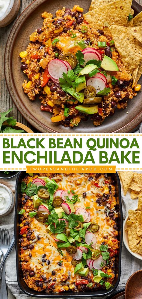 Out of easy comfort food ideas? Try this Black Bean Quinoa Enchilada Bake! This hearty vegetarian enchilada casserole is always a family favorite. Pin this delicious comfort food dinner recipe! Black Bean Quinoa Enchilada Bake, Quinoa Enchilada Bake, Quinoa Enchilada, Black Bean And Quinoa, Bean Quinoa, Enchilada Bake, Authentic Mexican Recipes, Black Bean Quinoa, Enchilada Casserole