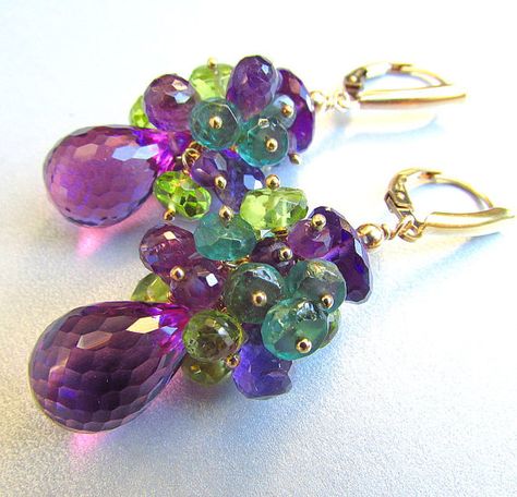 Gemstone Cluster Earrings, Green Apatite, Beading Ideas, Long Dangle Earrings, Gold Filled Earrings, Green Peridot, Cluster Earrings, Purple Amethyst, Jewelry Designs