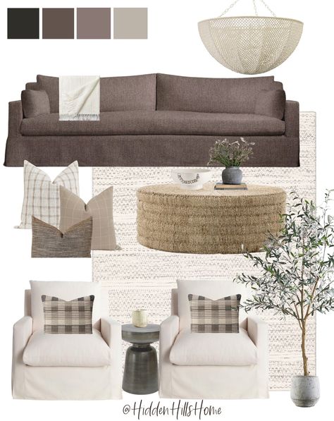 Brown Couch Mood Board, Taupe Family Room, Mink Sofa Living Room, Living Room Mood Board Colour Schemes, Brown Cream Living Room, Taupe Living Room Colour Schemes, Sage Sofa Living Room, Wood And White Living Room, Taupe Sofa Living Room Ideas