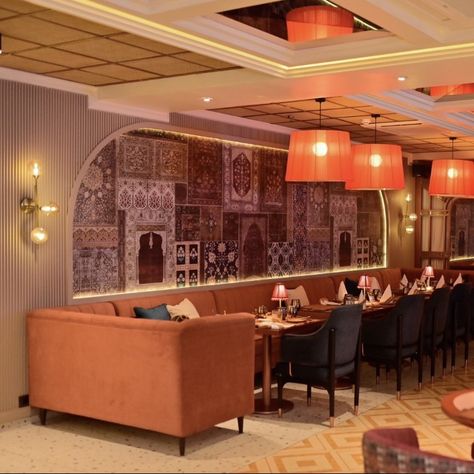 Indian theme wallpaper in resturant | indian decor | indian restaurant decor ideas | indian restaurant  inspiration Indian Restaurant Decor, Indian Restaurant Interior Design, Restaurant Decor Ideas, Delhi Cafe, Architectural Board, Restaurant Inspiration, Indian Coffee, Restaurant Exterior, Theme Wallpaper