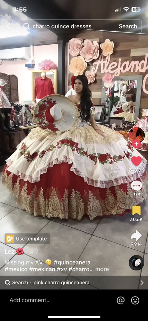 Red And Black Quinceanera Dresses Mexican, Ranchero Theme Quinceanera, Red Quince Photoshoot, Red Quince Dresses Mexican, Puerto Rican Quinceanera, Mexican Quince Dress, Red Theme Quinceanera Ideas, Chambelanes Outfits Quinceanera Red, Red Charro Quinceanera Theme