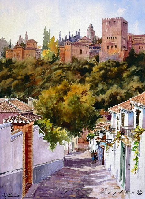 Título: Placeta Toqueros (Granada). Técnica: Acuarela. Tamaño: 50x35 cm. Precio: Vendido. Alhambra Granada, Granada Spain, Urban Architecture, Landscape Artwork, Urban Sketching, Architecture Sketch, Environment Concept Art, Andalusia, Gouache Painting