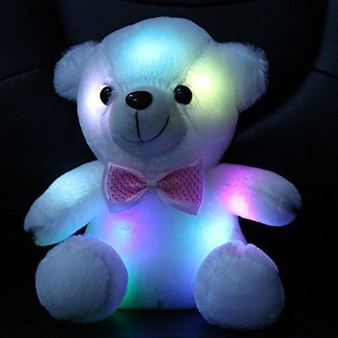 Isn’t this stuffed teddy bear just adorable? It’s white, made of cotton, eight inches tall, and super soft. When you press the “On” button, the LED lights inside glow and change colors.      It works wonderfully as a nightlight and can be very soothing to toddlers at bedtime. Purple Teddy Bear, Stuffed Teddy Bear, Teddy Toys, Teddy Bear Toys, Cool Gifts For Kids, Kids Night, Night Light Kids, Nice Pictures, Best Kids Toys