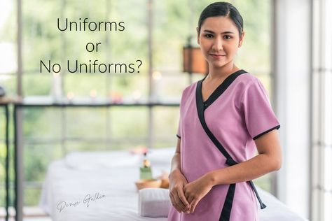 This question has been coming up on social media groups I belong to and recently was asked by a client that I coach. Should my team and I wear uniforms or not? Massage Therapist Uniform, Therapist Marketing, Massage Marketing, Spa Uniform, Massage Business, Spa Design, Spa Massage, Massage Therapist, Massage Therapy