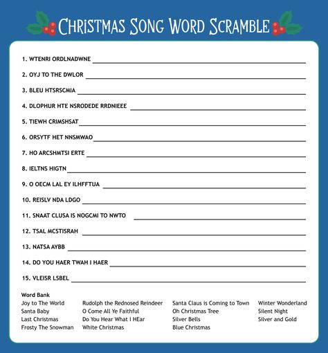 Christmas Song Games, Christmas Word Scramble, Youth Bible Study, Jumbled Words, Popular Christmas Songs, Winter Crafts Preschool, Best Christmas Songs, Printable Things, Christmas Word Search