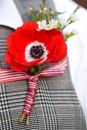 red boutonnieres- ribbon! Poppy Red Wedding, Red Boutonniere, Corsage Ideas, Poppy Wedding, Blue Tuxedo, Wedding Boutonnieres, Rockabilly Wedding, Prom Corsage, Citrus Wedding