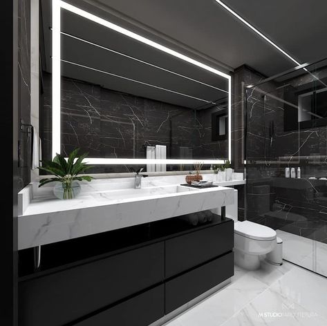 Black And White Bathroom Luxury, Modern Big Bathroom, Fancy Bathroom Luxury, Rich Bathroom Luxury, Bathroom Interior Design Luxury Black, Modern Bathroom Design Black, Luxury Black Bathroom, Wallpaper Bathroom Ideas, Washroom Ideas