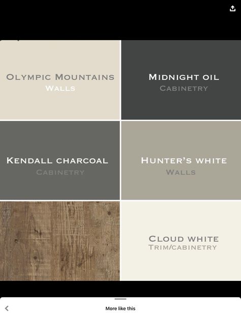 Kitchen Colors With Light Brown Cabinets, Off White And Charcoal Exterior, Color Palette For Interior Home, Modern White Color Palette, Black Brown And Grey Dining Room, Modern House Wood Floors, Industrial Paint Colors Colour Palettes, Rustic Modern Flooring, Valspar Hunters White