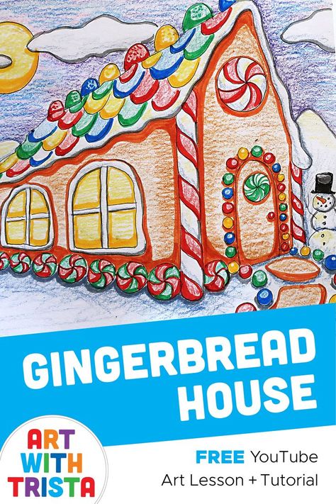 Christmas Elementary Art, 3d Gingerbread House, 2 Point Perspective Drawing, 3d Gingerbread, 2 Point Perspective, Holiday Art Projects, Winter Art Lesson, Art Teacher Resources, Colour Drawing