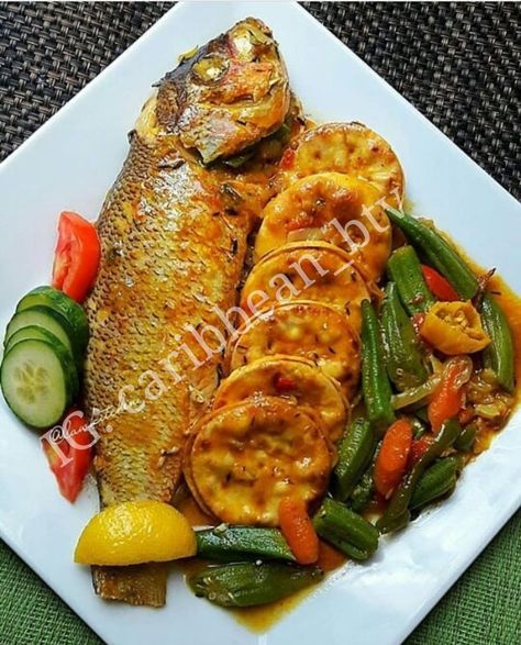 Jamaican Steam Fish, Okra and Crackers #caribbeanbtv #jamaica #food #fish  #MontegoBay #negril #ochorios   #caribbeanrecipes #jamaicanrecipes Jamaican Recipe, Steamed Fish Recipes, Steam Fish, Jamaica Food, Carribean Food, Jamaican Cuisine, Jamaican Dishes, Okra Recipes, Food Fish