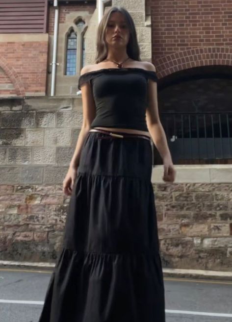 maxi skirt 
black long skirt
fashion
aesthetic Long Black Tiered Skirt Outfit, Black Tiered Maxi Skirt Outfit, Junko Style, Black Tiered Skirt Outfit, Black Ruffle Skirt Outfit, Tiered Maxi Skirt Outfit, Black Long Skirt Outfit, Tiered Skirt Outfit, Black Skirt Outfit Summer