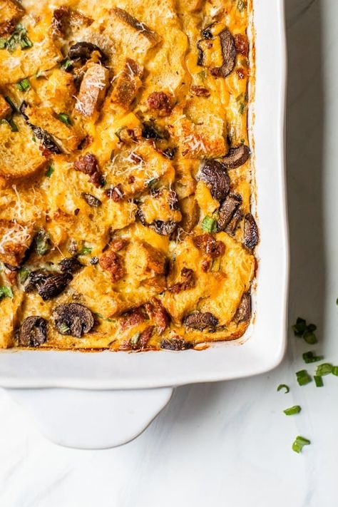 Breakfast Sausage and Mushroom Strata, a make-ahead breakfast casserole made with day old bread, eggs, cheese, sausage and mushrooms. You can make this with just about anything, just use your imagination! #breakfastcasserole #eggs #strata Skinnytaste Breakfast, Mushroom Strata, Veggie Egg Bake, Sausage And Mushrooms, Breakfast Strata, Homemade Breakfast Sausage, Turkey Breakfast Sausage, Make Ahead Breakfast Casserole, Breakfast Sausage Recipes