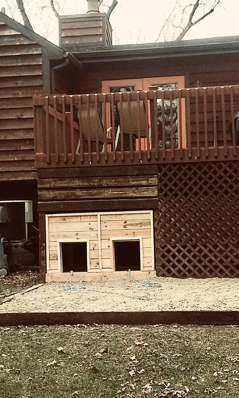 Dog House Under Porch, Porch Dog Area, Under Deck Dog House, Under Steps Dog House, Porch Dog House, Diy Doghouse Outdoor Winter, Under Deck Dog Area, Diy Outdoor Dog House Winter, Two Story Dog House Diy