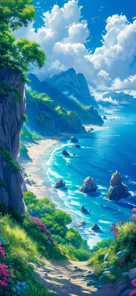 Beach Landscape Art, Sky Meets The Sea, Landscape Wallpapers, 2160x3840 Wallpaper, Fantasy Background, 3d Video, Fantasy Worlds, Landscape Artwork, Landscape Drawings