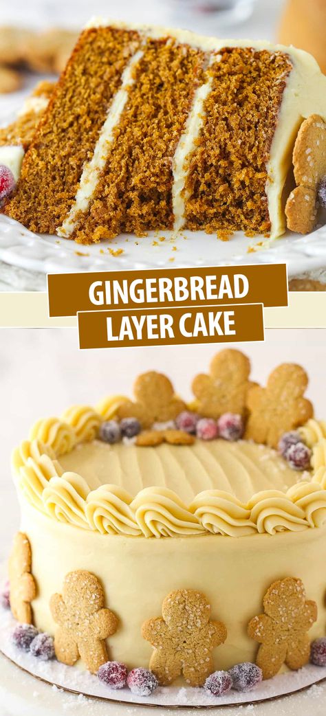 This Gingerbread Layer Cake is made with three tender, moist cake layers bursting with gingerbread flavor and is filled and frosted with a smooth molasses cream cheese frosting! It’s full warm, cozy spices and is sure to become a new holiday favorite! Holiday Layer Cake, Christmas Cake Flavors, Christmas Layer Cake, Christmas Gingerbread Cake, Gingerbread Layer Cake, Cupcakes Images, Best Christmas Cake, Gingerbread Cakes, Desserts Board