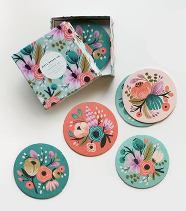 I love these floral fancies I purchased this spring Paper Coaster, Floral Designs, Paper Goods, Surface Design, A Box, Coaster Set, Packaging Design, Pattern Design, Coasters