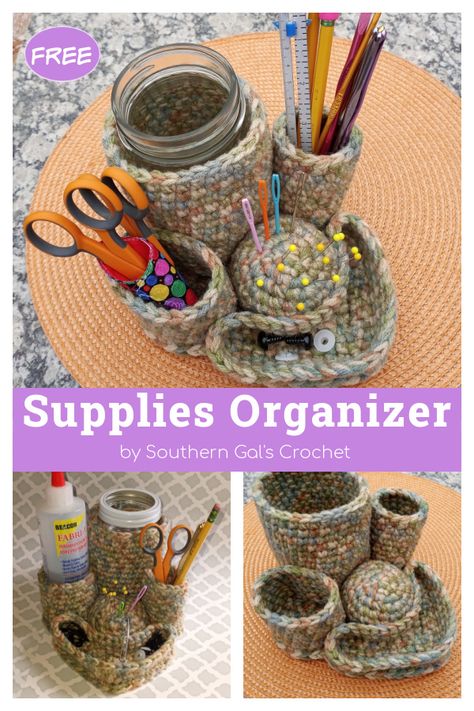 Supplies Organizer Free Crochet Pattern Crochet Organizers Free Pattern, Crochet Needle Holder, Crochet Organizer Pattern Free, Crochet Organizer Storage Ideas Free Pattern, Crocheted Organizers, Crochet Desk Organizer, Crochet Container, Crochet Caddy Organizers, Crochet Hook Organizer Pattern Free