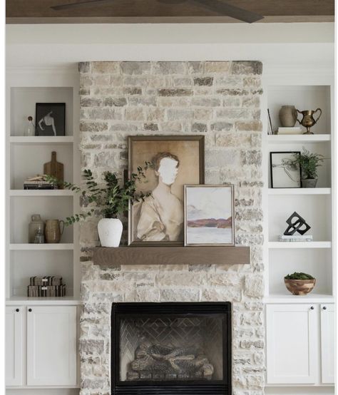 Stone Fireplace With White Built Ins, Stacked Stone Fireplace With Built Ins On Both Sides, Built Ins With Stone Fireplace, Cottage Fireplace Ideas Farmhouse Style, How To Stone A Fireplace, Styling A Stone Fireplace Mantle, Flat Rock Fireplace, Stone Fireplace With Arched Built Ins, Fireplace Stone Wall Ideas