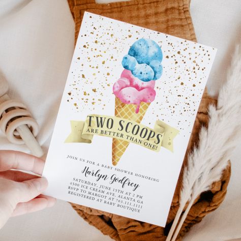 Two Scoops Twin Boy and Girl Baby Shower Invitation Gender Reveal Themes For Twins, Twin Sprinkle Shower Ideas, 2nd Baby Shower Theme, Twin Boy Baby Shower Themes, Twin Shower Themes, Two Scoops Are Better Than One Twins, Twin Theme Baby Shower Ideas, Baby Shower Themes Twins, Twin Boy Baby Shower Ideas