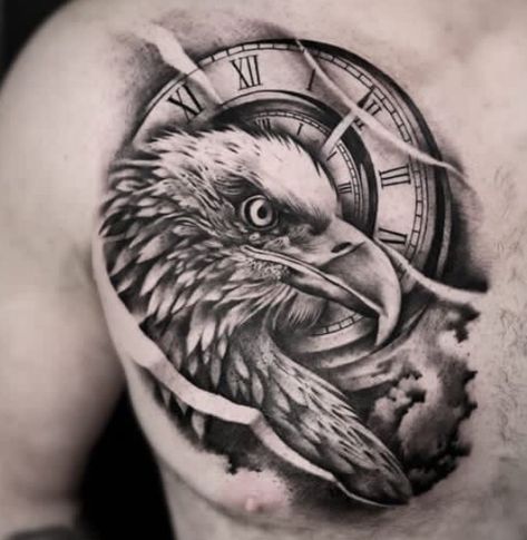 Eagle With Clock Tattoo, Eagle Clock Tattoo, Chest Tattoo Clock, Eagle Tattoo Arm, Eagle Shoulder Tattoo, Clock Tattoo Sleeve, Eagle Chest Tattoo, Tattoo Eagle, Animal Sleeve Tattoo