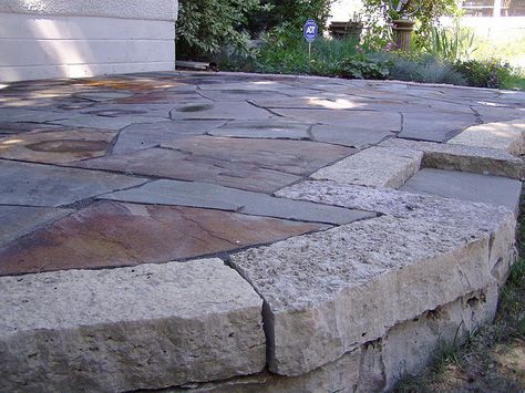 Raised flagstone patio | Flickr - Photo Sharing! Red Flagstone Patio, Flagstone Side Yard, Dg And Flagstone Patio, Flagstone Patio Ideas, Flagstone Landing, Flagstone Raised Patio, Flagstone Patio Design, Fire Pit Gallery, Fire Pit Wall