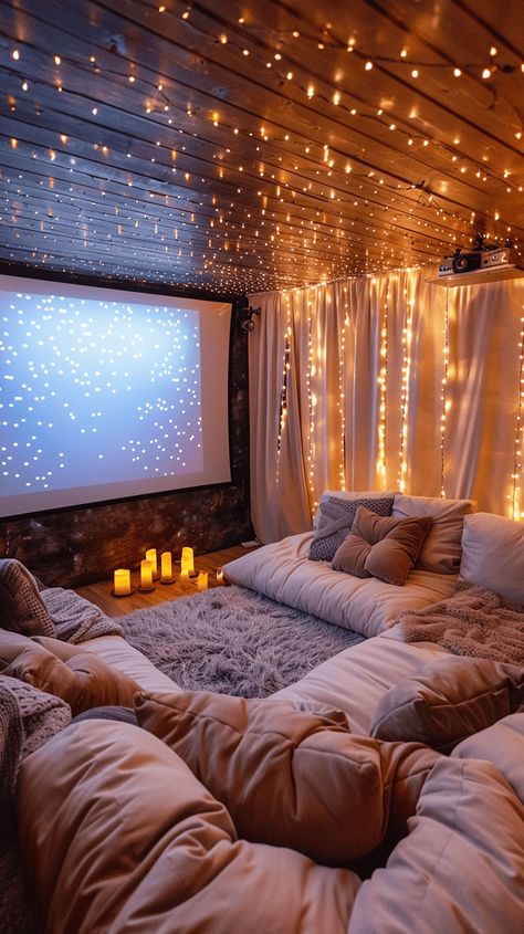 Cute Movie Room Ideas, Movie Room Bedroom Ideas, Cute Lounge Room Ideas, House Theatre Room, Tent Room Ideas, Cute Hang Out Room, Mom Space Room Ideas, Secret Cozy Room, Couch Pit Movie Rooms