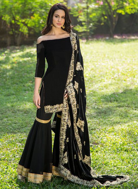 Black Velvet Sharara Suit with Embroidered Shawl Dupatta Gharara Designs, Sharara Designs, Embroidered Shawl, Punjabi Outfits, Gold Outfit, Salwar Kamiz, Traditional Indian Outfits, Indian Gowns, Indian Suits