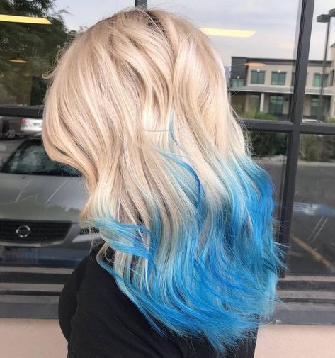 Blue Tips On Blonde Hair, Blonde To Blue Ombre Hair, Blue Hair Tips Blonde, Blue Tips Hair Blonde, Blue Dip Dye Hair Blonde, Blonde With Blue Tips, Blonde And Blue Hair Ombre, Blue Hair Highlights Blonde, Blonde Hair Blue Tips