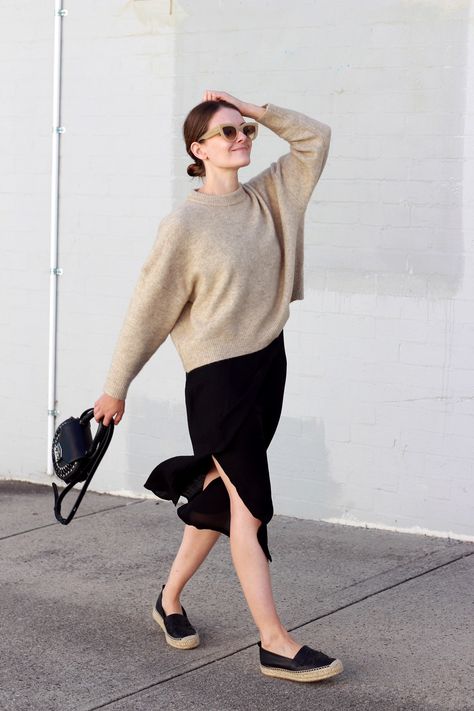 Jac + Jack camel knit worn with Salar Milano bag, espadrilles and black slip dress by Inspiring Wit fashion blogger Jenelle Chic Black Espadrilles For Vacation, Espadrilles Black, Espadrilles Outfit Dress, Black Espadrilles Outfit, Outfit With Espadrilles, Flat Espadrilles Outfit, How To Style Espadrilles, Black High Heel Espadrilles, Casual, Trendy Black Slip-on Espadrilles