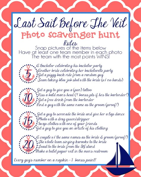 Bachelorette party scavenger hunt #nautical #bachelorette #party Last Sail Before The Veil Bachelorette Party Ideas, Bachelorette Cruise Ideas, Last Sail Before The Veil Bachelorette Decorations, Bachelorette Cruise Scavenger Hunt, Bachelorette Party On Cruise Ship, Nautical Hens Party, Bachelorette Party Nautical Theme, Nautical Theme Bachelorette Party, Nautical Decor Bachelorette