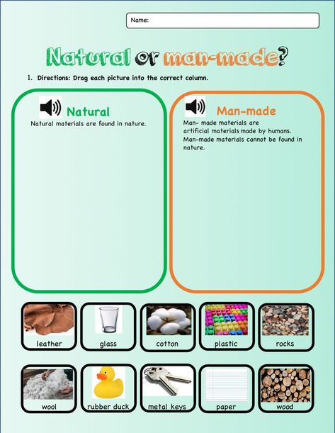 Materials interactive worksheet for Grade 1. You can do the exercises online or download the worksheet as pdf. Natural And Man Made Resources, Natural Or Man Made Worksheet, Natural Vs Man Made Kindergarten, Material Properties Worksheet, Natural And Man Made Materials Worksheet, Materials Worksheet Science, Materials Worksheet, English Preschool, Man Made Environment