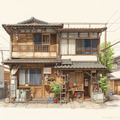 Japanese Apartments Exterior, Japanese Townhouse Exterior, Traditional Japanese Home Exterior, Japanese Apartment Exterior, Traditional Japanese Town, Traditional Japanese House Exterior, Japanese House Drawing, Japanese Apartment Building, Japanese Townhouse