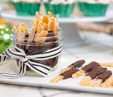 Chocolate Dipped Candied Orange Peels | Sunkist Mandarin Smoothie, Desserts Shooters Recipes, Homemade Gift Exchange, Mini Desserts Shooters Recipes, Meringue Clouds, Valentine Dinner Ideas, Desserts Shooters, Shooters Recipes, Mason Jar Desserts Recipes