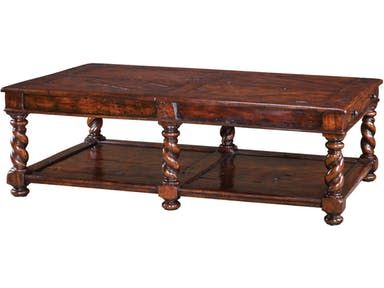 An antiqued wood cocktail table with two end drawers, on spiral turned legs joined by an solid paneled undertier. The original 17th century. Theodore Alexander Furniture, Slate Coffee Table, Colorado Style, Wood Cocktail Table, The Great Hall, Rowe Furniture, Great Hall, Home Coffee Tables, Theodore Alexander