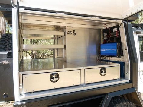 Ute Toolbox Setup, Canopy Setups 4x4, Ute Canopy Ideas Storage, Ute Canopy Ideas, Canopy Setup, Ute Camping, Work Truck Organization, Work Truck Storage, 4wd Camping