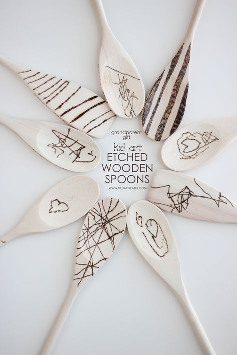 Kitchen Utensils Drawing, Utensils Drawing, Grandparents Diy, Kids Art Gifts, Best Gifts For Grandparents, Wood Gifts Diy, Wood Burn Spoons, Year Of Growth, Diy Kids Art