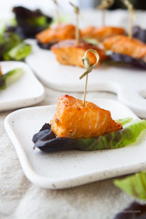 Teriyaki Salmon Bites, Yacht Food, Gf Appetizers, Seafood Cuisine, Appetizers Seafood, Salmon Canapes, Crab Stuffed Salmon, Grad Party Food, Sweet Teriyaki Sauce