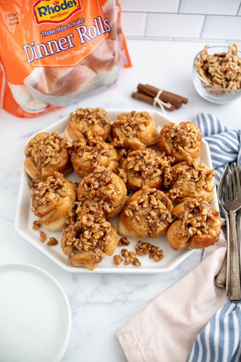 Easy Sticky Buns are sure to become a family favorite breakfast or brunch. Made using Rhodes rolls and a simple caramel pecan sauce, they are simple and so delicious. Rhodes Overnight Sticky Buns, Sticky Buns With Rhodes Rolls, Rhodes Cinnamon Rolls Recipes, Caramel Pecan Sauce, Rhodes Bread Dough, Rhodes Cinnamon Rolls, Rhodes Recipes, Cinnamon Sugar Donut Holes, Easy Sticky Buns