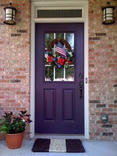 Red brick, purple door Trendy Front Door Colors, Purple Front Door, Purple Front Doors, Garage Door Colors, Colors With Red Brick, Front Door Color, Garage Door Types, Blue Front Door, Purple Door