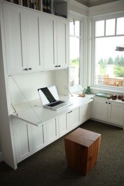 Drop down desk in built-in (looking) bookshelf. Hidden Desk, Laundry Room/mud Room, Murphy Bed Plans, Office Nook, Study Furniture, Basement Design Ideas, Built In Desk, Modern Home Office, Diy Desk