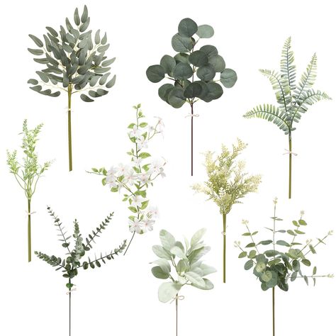 PRICES MAY VARY. Realistic Look: Dusty green leaves coverd with flocking make them look lifelike and lovely. This combo is not only a great filler,suitable for making bouquets, centerpieces, kissing balls and boutonnieres, but also can be made into a beautiful bouquet on its own Package Including:45pcs with 9 Kinds;fern leaf x5,Silver Dollar Eucalyptus leaves x3,Eucalyptus x4,Eucalyptus Stems x5,Willow leaves x10,baby fern leaf x5,Lambs Ear Leaves x2,baby grass x5,daisy bunch x2, Material: The l Eucalyptus Table Setting, Diy Greenery, Wedding Floral Arrangement, Sage Green Flowers, Greenery Wedding Bouquet, Vase With Branches, Diy Bridal Bouquet, Greenery Bouquet, Dollar Eucalyptus