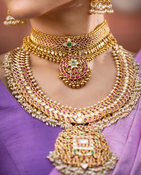 Traditional Kasulaperu Designs, Kundan Necklaces Gold, Kundan Jewellery Bridal Choker, Traditional Jewelry Antique, Kasulaperu Jewellery, Saree Bride, Indian Gold Jewellery Design, Gold Haram, Ruby Jewellery